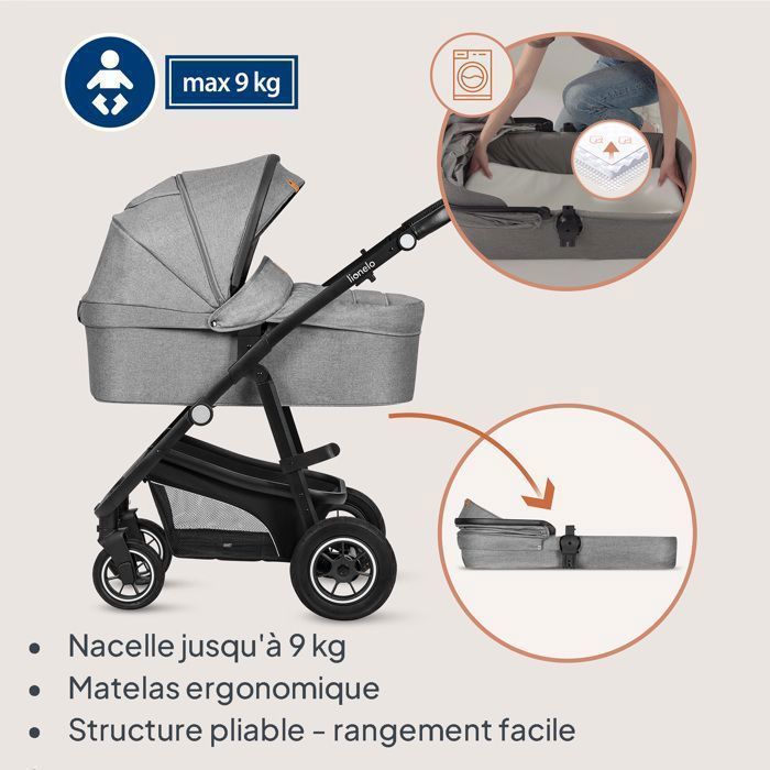 LIONELO Bianka 3-in-1 kinderwagen - Tot 22 kg - Kinderwagen, reiswieg, autostoeltje, tas en accessoires - Grijs