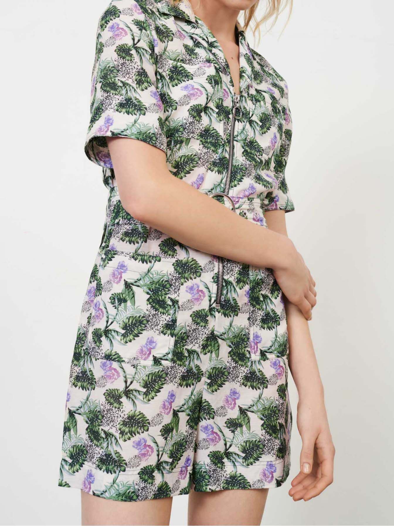 Bedrukte korte jumpsuit van viscose en linnen - Groentegroen/Ecru