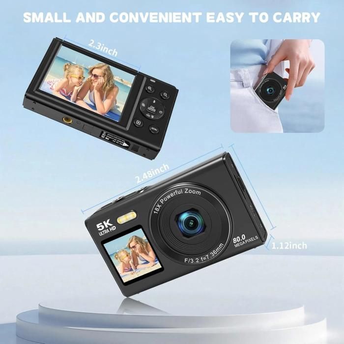 Cámara digital 5K Ultra HD de 80 MP - Pantalla dual para selfies - Zoom 18x - Wi-Fi integrado - Tarjeta de 64 GB incluida - Mini videocámara negra