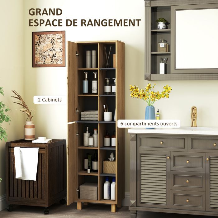 Mueble columna para baño - HOMCOM - 6 compartimentos abiertos y 2 armarios - dimensiones 40 cm de ancho x 24 cm de profundidad x 148 cm de alto - madera natural