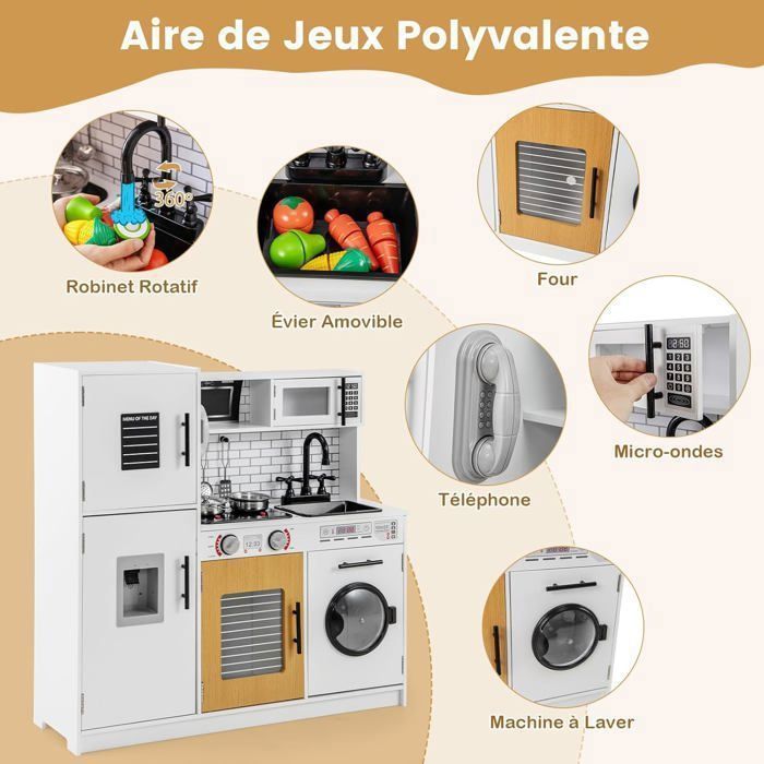 Cocina infantil COSTWAY - A partir de 3 años - Sonidos y luces - Accesorios incluidos - Espacio de almacenamiento - Centro de juegos multiusos - 82 x 25 x 80,5 cm