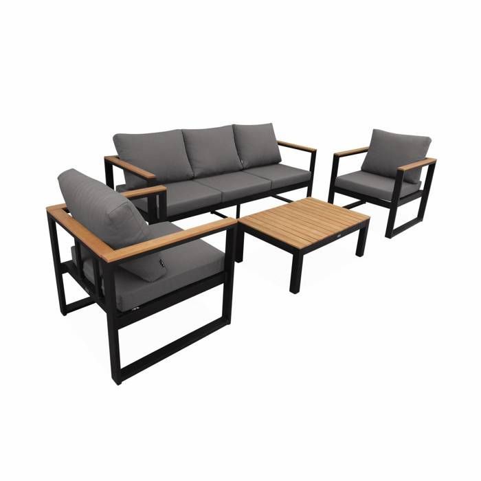 Conjunto de muebles de jardín de 5 plazas en aluminio y eucalipto – NAZCA – Estructura negra. Cojines gris oscuro.