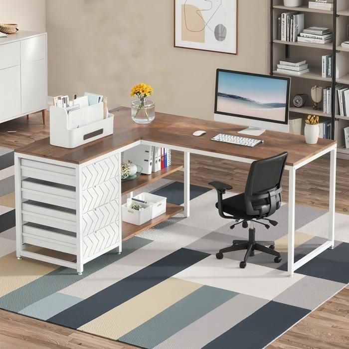 TOPESCT Bureau d'angle réversible en forme de L avec 4 tiroirs et 2 étagères pour Bureau, 155 x 110 x 75 cm,Noyer et blanc