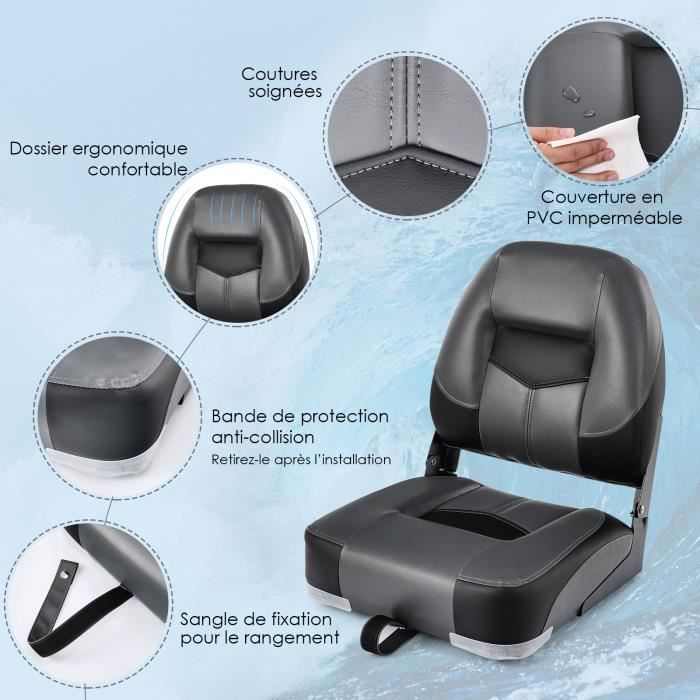COSTWAY 2-Piece Folding Boat Seat with Backrest, Long Fixing Strap, Stainless Steel Screws, Thick Foam, Black