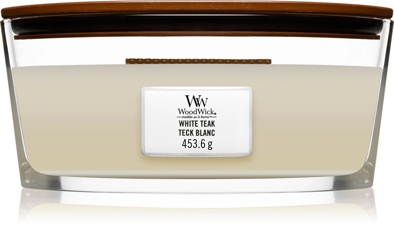 Dišeča sveča Woodwick White Teak z lesenim stenjem (Heartwick)