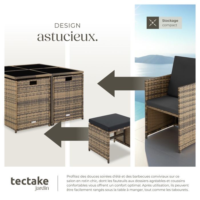 Conjunto de jardín - TECTAKE - Conjunto de salón de jardín de 8 plazas con fundas BILBAO, sillones apilables, resina tejida - Marrón natural