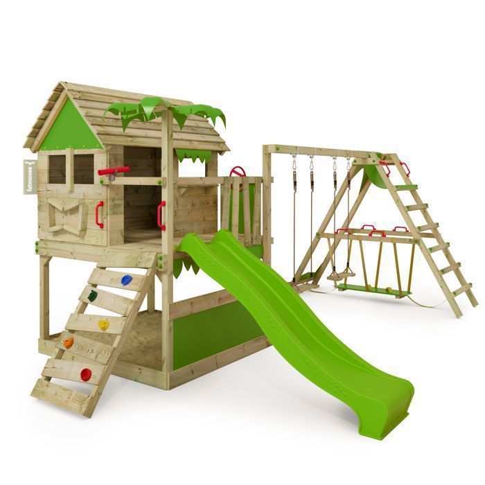 Tour de jeux bois FATMOOSE TikaTaka Town XXL avec toboggan 220 cm vert pomme, bac à sable et SurfSwing – 10 ans de garantie*