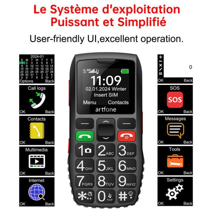Artfone C1 4G Téléphone Portable Pour Senior - Grandes Touches - Bouton SOS pour Personnes âgées - 1.8