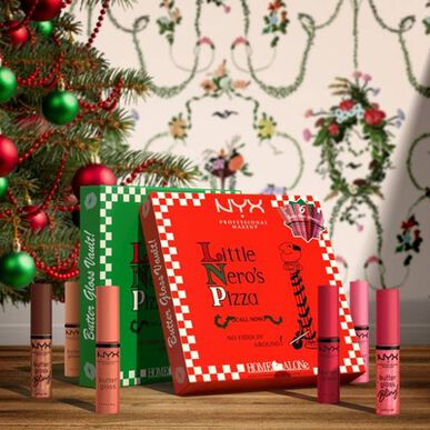 Sada profesionálního líčení Nyx Butter Gloss, Pizza Box, kazeta Home Alone, tělové odstíny rtů, limitovaná edice, 1 kus.