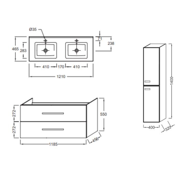 JACOB DELAFON Mueble de baño doble Ola up de 120 cm + columna de baño blanca