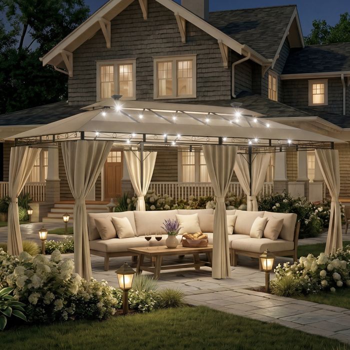 Tonnelle de Jardin 3x6 avec Éclairage, Imperméable Deluxe Tonnelle,Pergola Jardins Exterieur pour 8-10 Personnes, Beige
