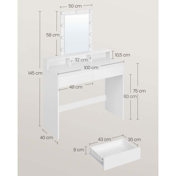 Coiffeuse, Miroir LED à Luminosité Réglable, 2 Tiroirs et 3 Compartiments, 100 x 40 x 145 cm, Blanc