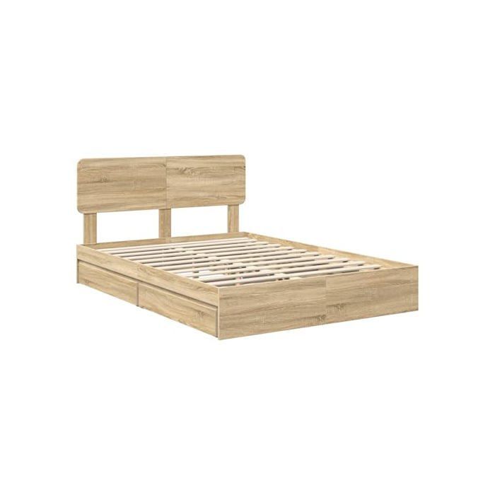 Cama con almacenamiento - vidaXL - Roble Sonoma - 140x190 cm - Madera de ingeniería - Con cajón - Estructura de láminas