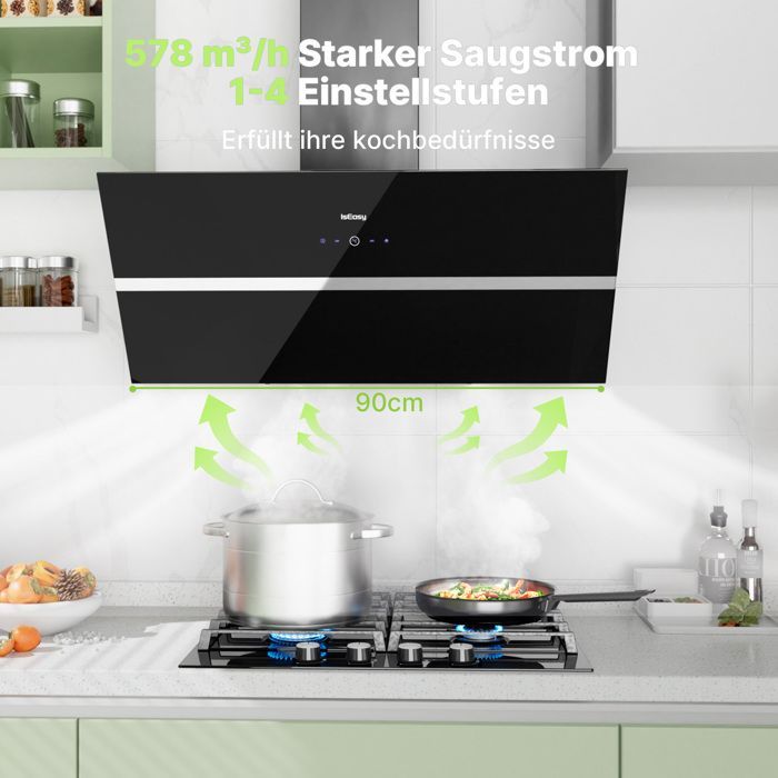 ISEASY 90cm afzuigkap - Zwart - Energieklasse A++ - 578 m³/h - 2 koolstoffilters