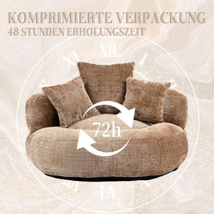 Puf Lemonbest con tres cojines, ideal para dormitorio y salón, sofá reclinable, 108 × 108 × 52 cm - Chenilla marrón