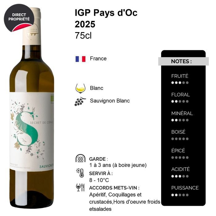 Les Vignerons du Sommiérois Pays d'Oc Secret de Cépage Sauvignon 2025 - Vino bianco della Linguadoca-Rossiglione (6x75cl)