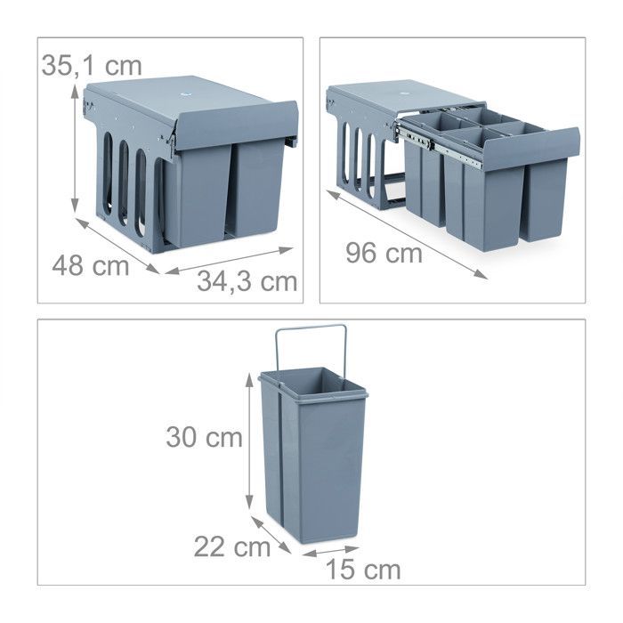 Cubo de basura de cocina Relaxdays con sistema extraíble, clasificación de residuos, plástico, 4 x 8 L, 35,1 x 34,3 x 48 cm (alto x ancho), gris.