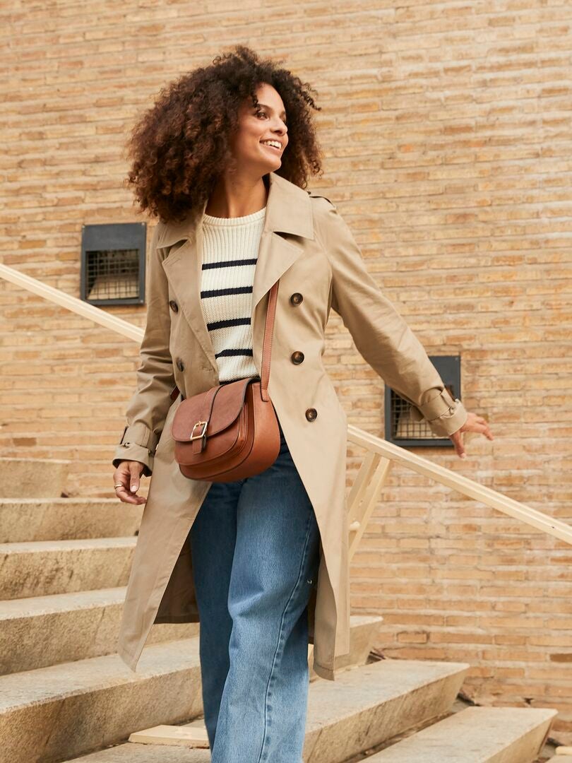 Lange trenchcoat met riem - BEIGE