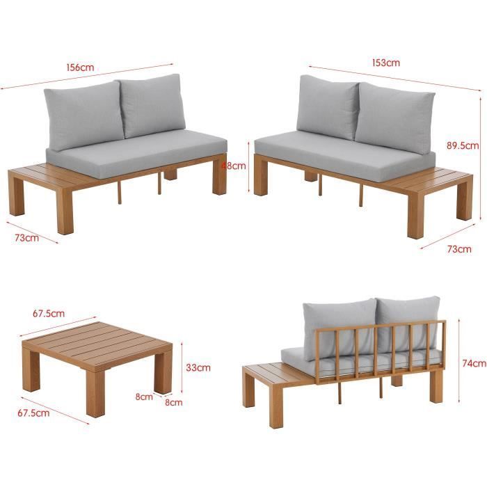 Conjunto de muebles de jardín SANA con sofá esquinero - Aluminio efecto madera - 4 personas - Gris perla