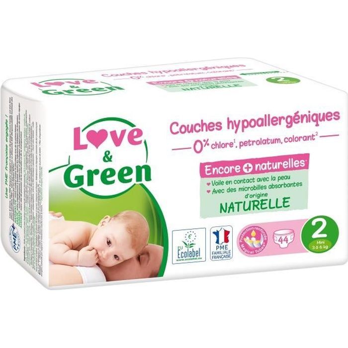 Pannolini LOVE AND GREEN Taglia 2 - Certificati Ecolabel e ipoallergenici T2 x 44 (da 3 a 6 kg)