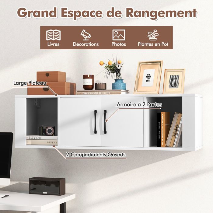 COSTWAY Wandplank met 2 deuren, zwevende opbergkast met 2 vakken voor onder de tv of een consoletafel, wit