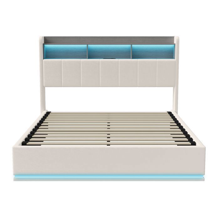 Lit coffre 160x200 cm - LED RGB - Port USB Type-C - Velours blanc - Style moderne