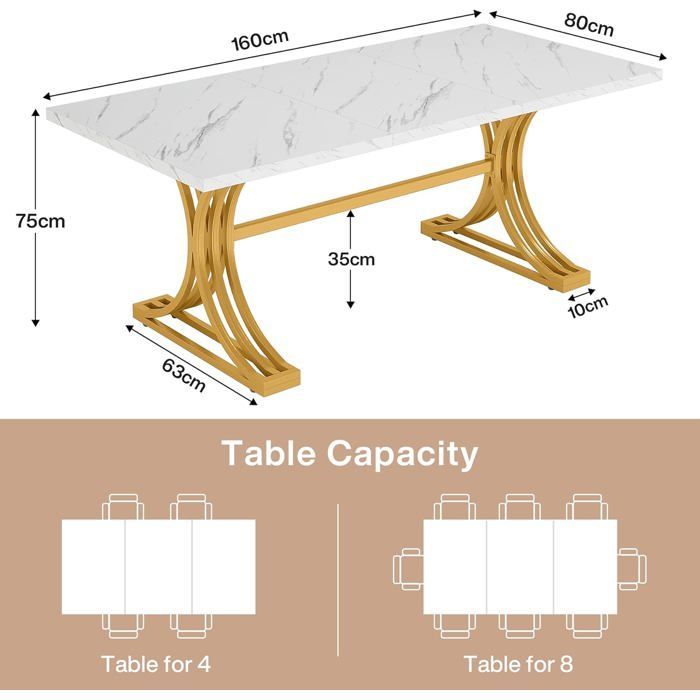 Table à manger moderne - 160×80×75 cm - Piètement structure métal - Pour salle à manger, cuisine (blanc/doré)