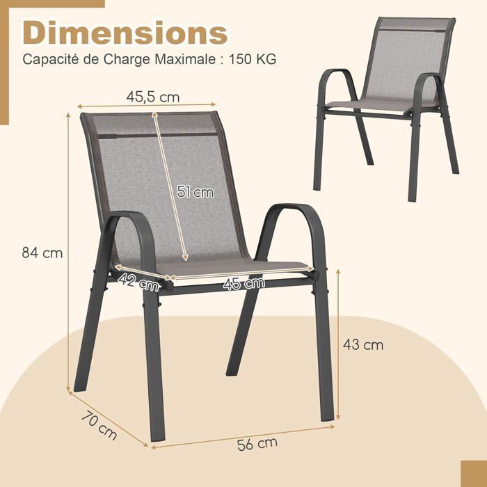 COSTWAY Juego de 2 sillas de jardín apilables en textileno y acero - Capacidad de carga de 150 kg - Silla de jardín con reposabrazos para patio, balcón o piscina