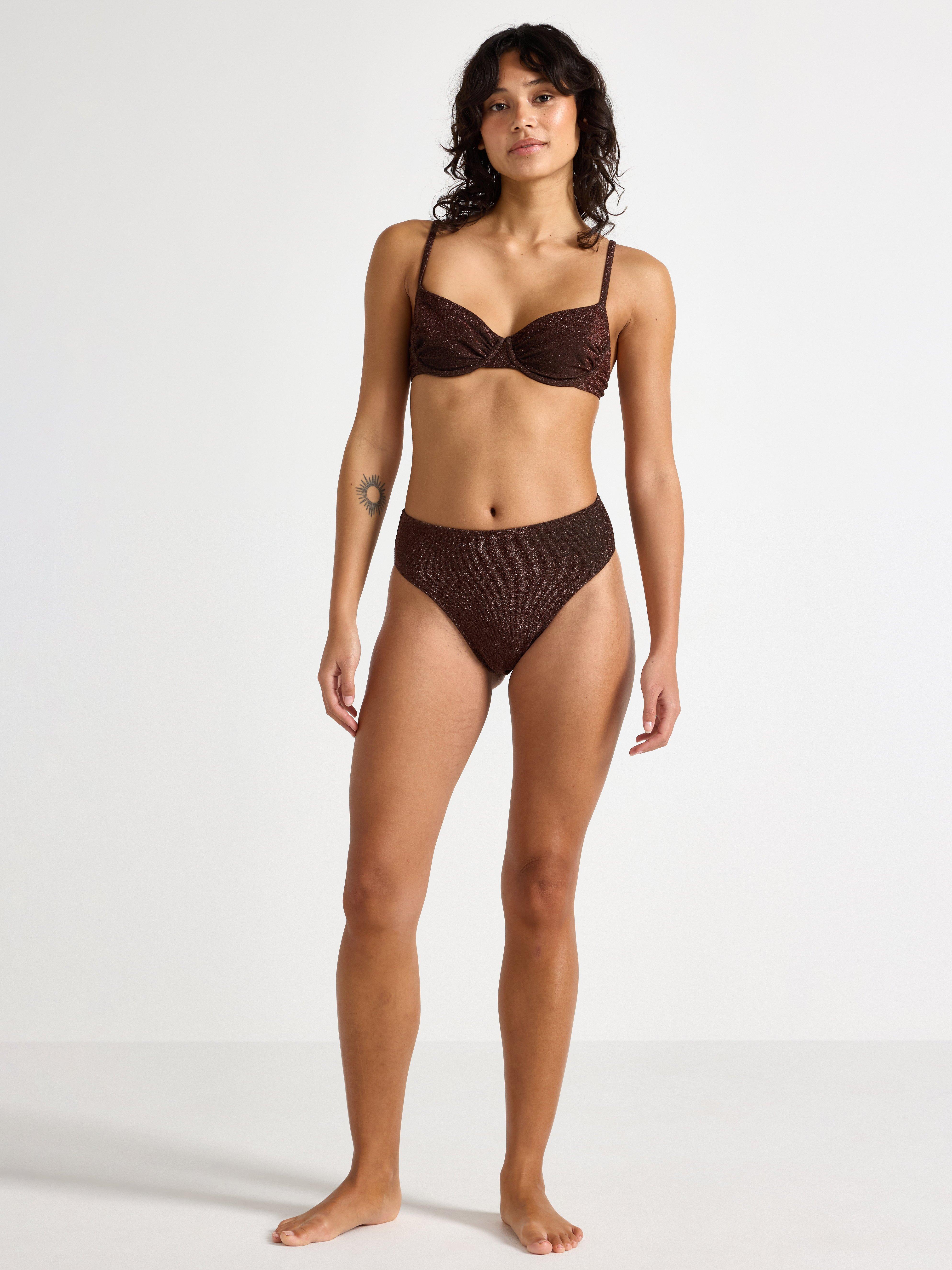 Sutien bikini înalt cu lurex maro închis
