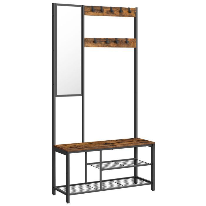 VASAGLE Flurmöbel, Garderobenständer mit Haken, Spiegel, Schuhbank und Ablagen, 36 x 98 x 185 cm, Braun und Schwarz