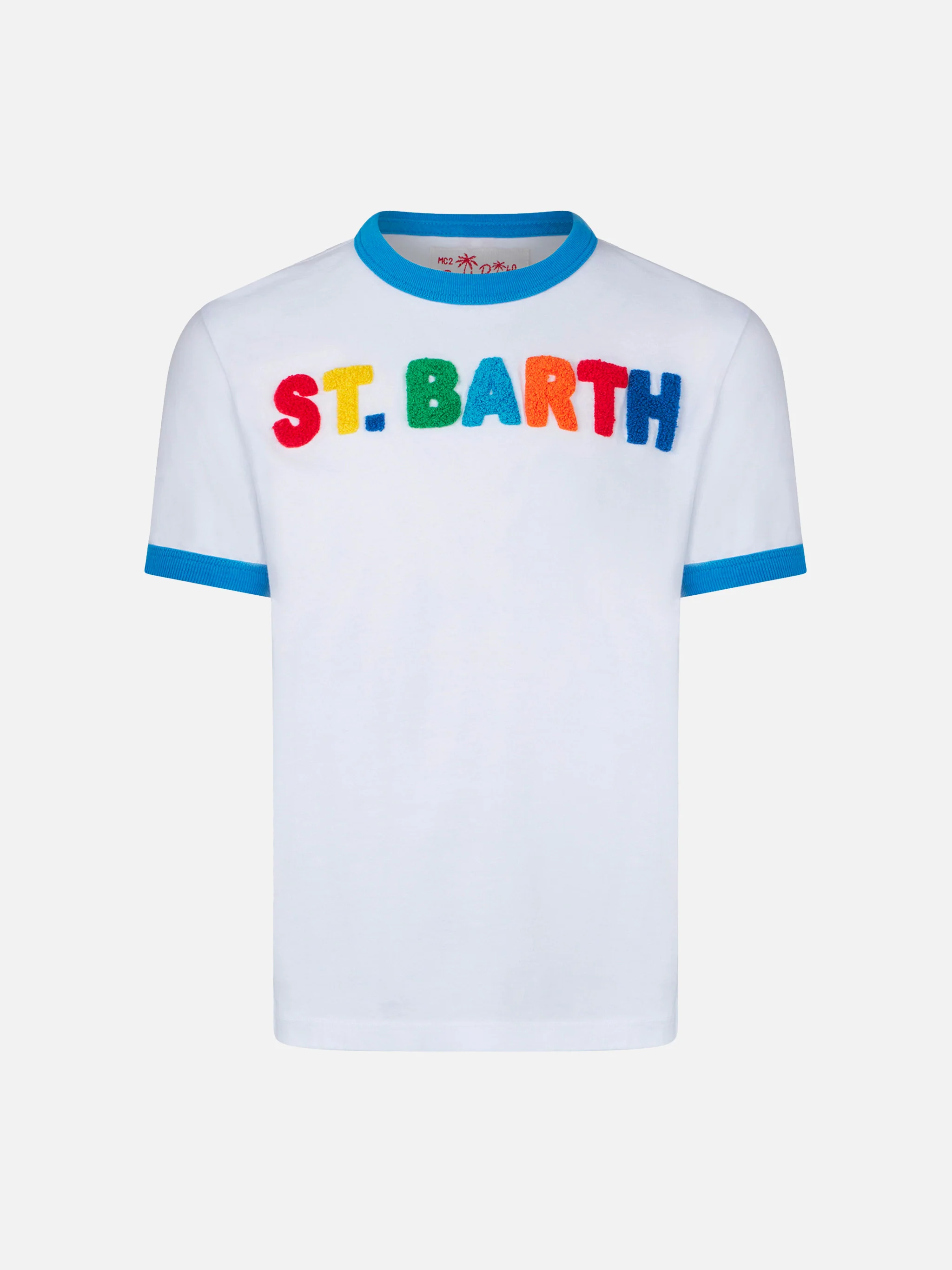 Kinder T-shirt van katoen met veelkleurige tekst.