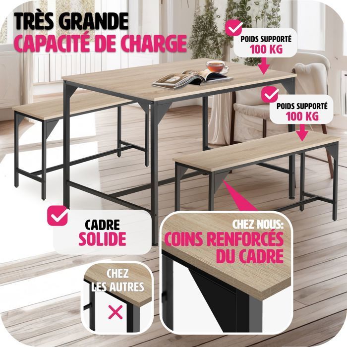 Dining table with benches - TECTAKE - BOLTON dining set with 2 sturdy benches in an industrial style - Light Wood