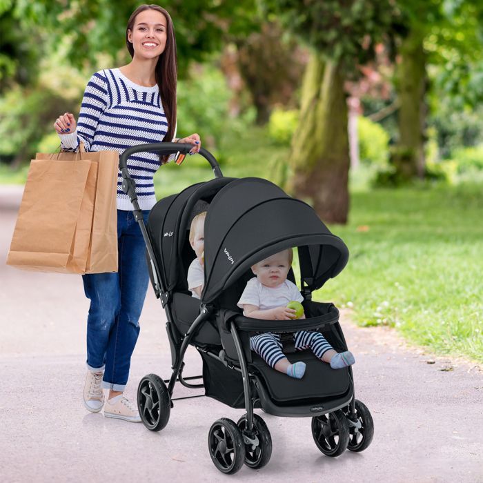 Carrinho de Bebê Duplo Dobrável LIFEZEAL para Gêmeos, 2 Assentos Ajustáveis em 3 Posições, Carrinho com Bebê Conforto e Rodas, Capacidade de Carga de 30 kg