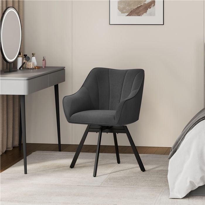 Silla de comedor giratoria Yaheetech, silla de cocina con ruedas, asiento de terciopelo y patas de metal gris oscuro.