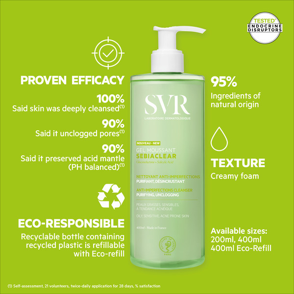 SVR SEBIACLEAR Detergente schiumogeno all'acido salicilico, 400 ml