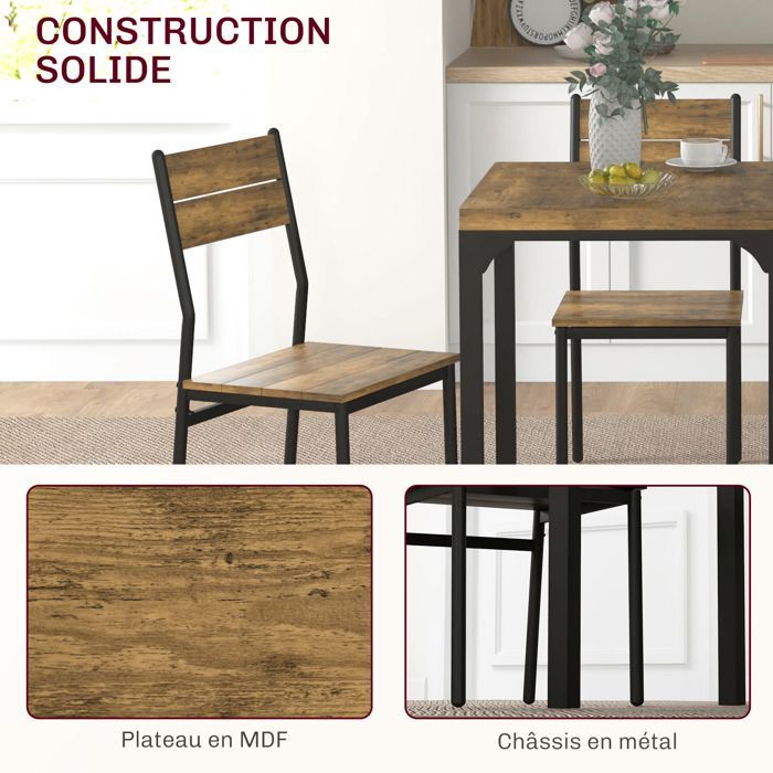 Ensemble table à manger avec 2 chaises encastrables - HOMCOM - pour cuisine salon maison - rustique