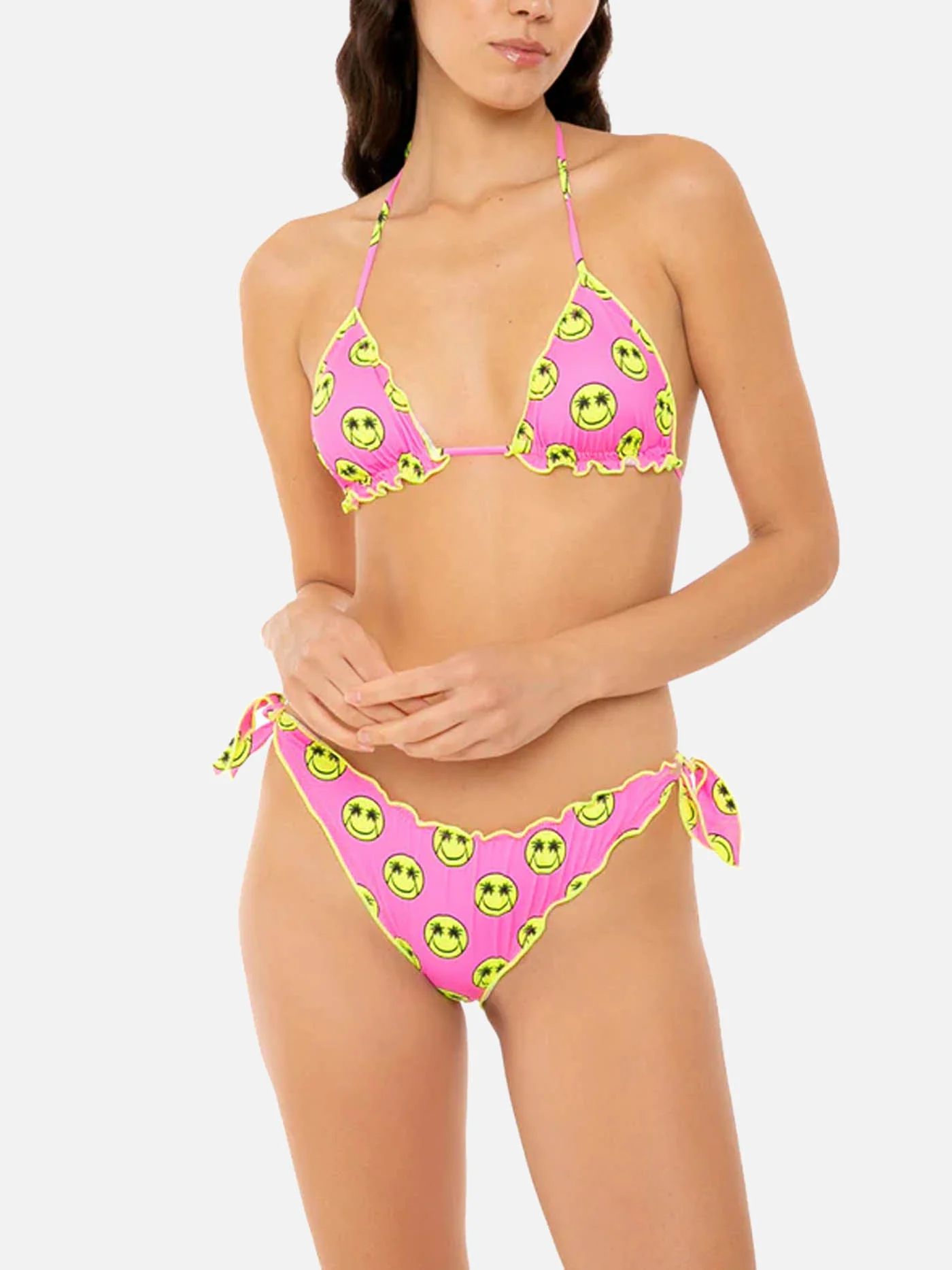 Dames driehoekbikini met gele smileyprint
