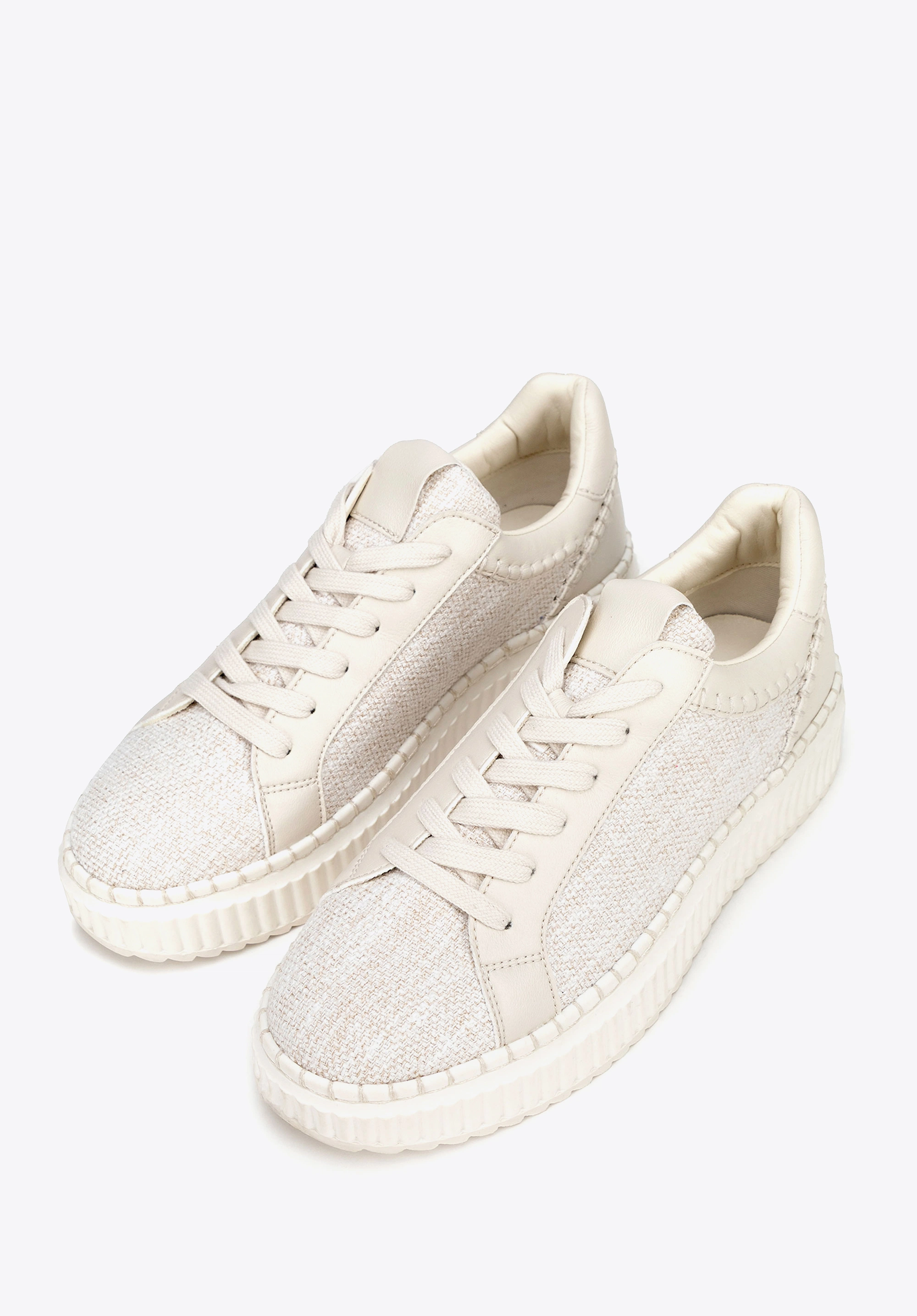 Damskie sneakersy z materiału włókienniczego i ekoskóry złamana biel