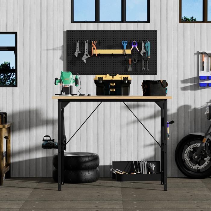 Arbejdsbænk/Værkstedsenhed 120x60x155,5 cm, Robust, på hjul, Perforeret panel, AC/USB, 700 kg kapacitet, til garage/værksted, Natursort