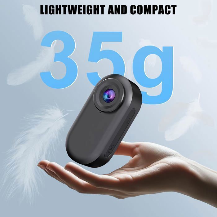 Mini câmera esportiva, gravação de vídeo HD 1080p, equipada com uma presilha giratória de 360°, bateria com duração de 150 minutos.