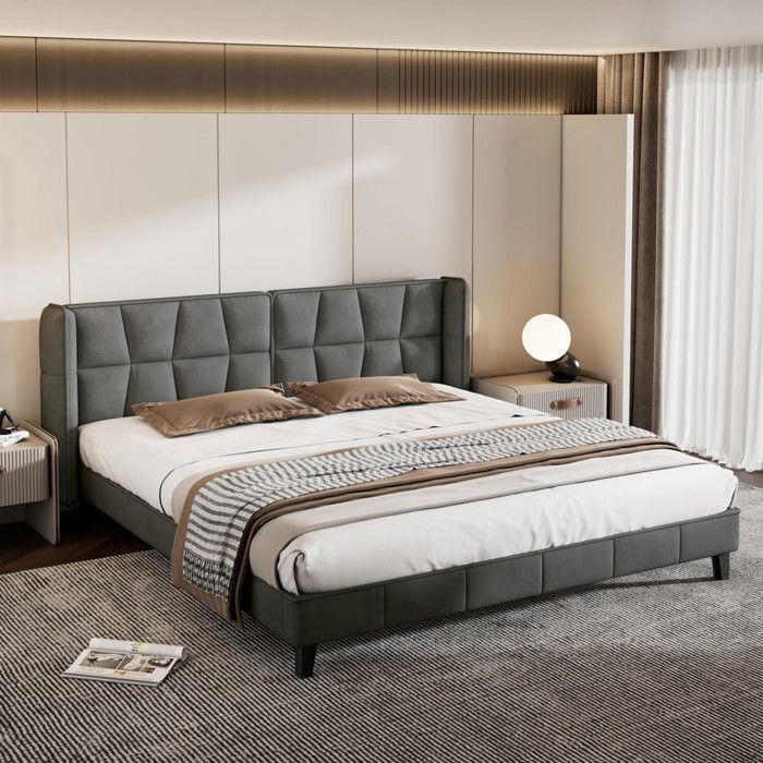 Lit double 180x200 cm - Velours gris - Tête de lit incluse - Sommier à lattes - Montage facile