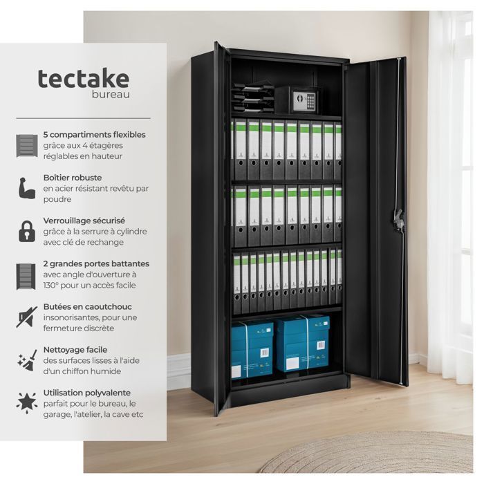 Armário de armazenamento - TECTAKE - Armário metálico com fechadura, 5 níveis, prateleiras de aço ajustáveis, 90x40x180 cm - Preto