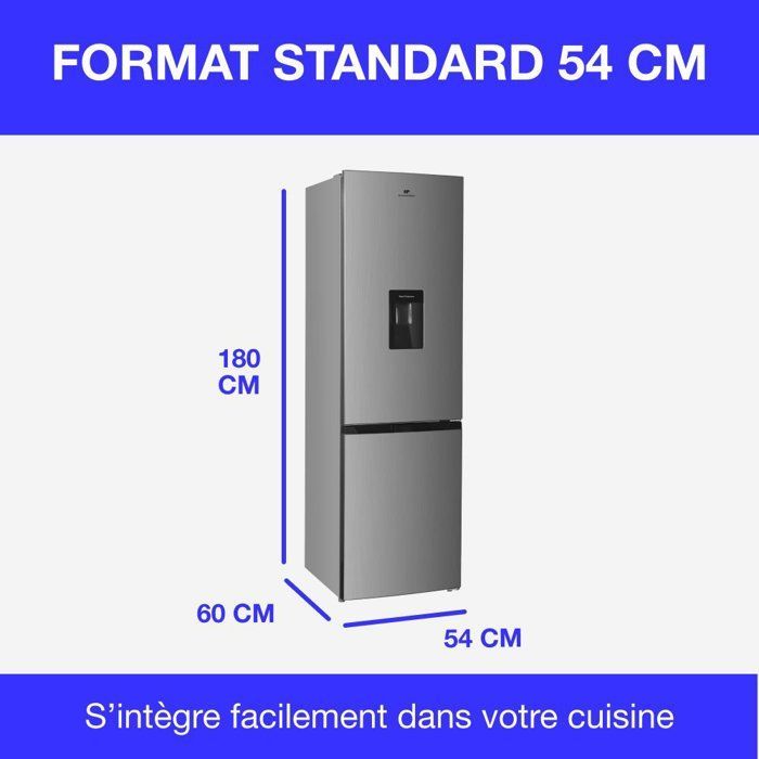 Continental Edison bottom-freezer refrigerator - 251L - Total No Frost - Stainless steel - W 54 cm x H 180 cm