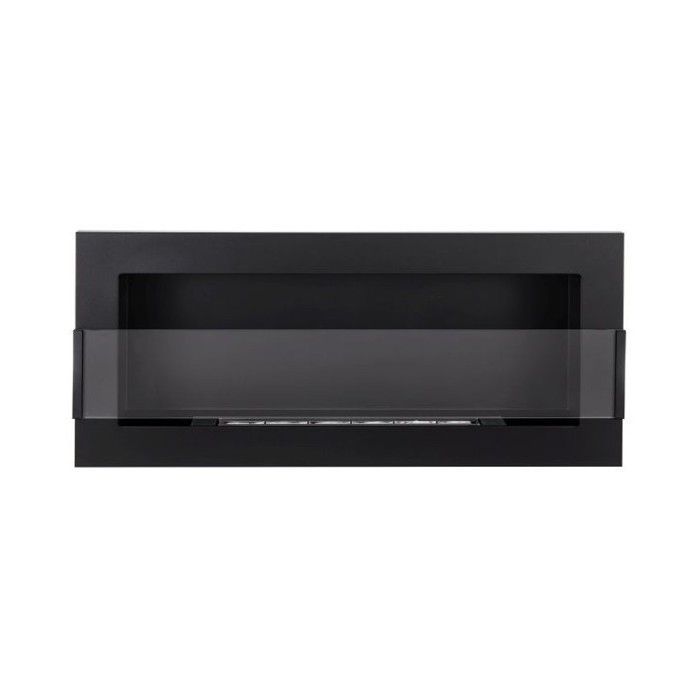 90 cm breiter Ethanol-Kamin, schwarz, mit Glas. Wandmontierter Bioethanol-Kamin.