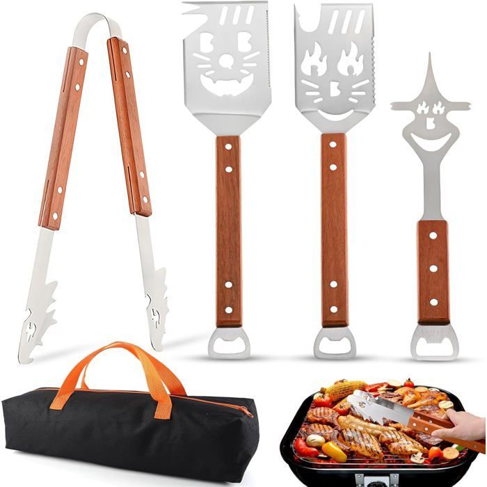 Juego de accesorios para barbacoa de 4 piezas: pinzas, cuchillo, tenedor, sierra, mango de madera, regalo del Día del Padre para papá