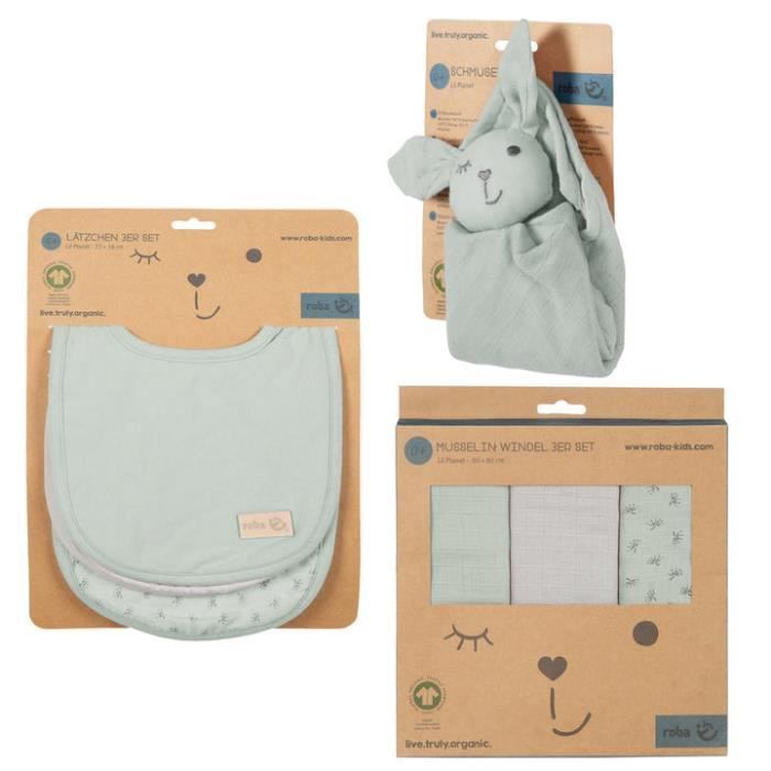 ROBA Coffret Bébé Lil Planet - 7 PCS - 3 Bavoirs + 1 Doudou + 3 Langes - Cadeau de Naissance - Vert Givré / Gris
