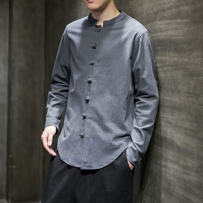 Blusa Tang de Kung Fu para hombre - FUNMOON - Lino de manga 3/4 - Azul claro - Cuello mandarín