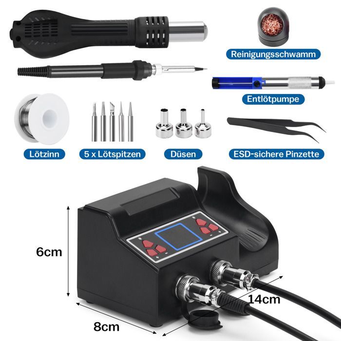 2 en 1 Station de Soudage, Fer à Souder Air Chaud, 700W,100-480℃ Kit de Soudure avec LED Numérique, 5 Pannes, 3 Buses de Pistolet