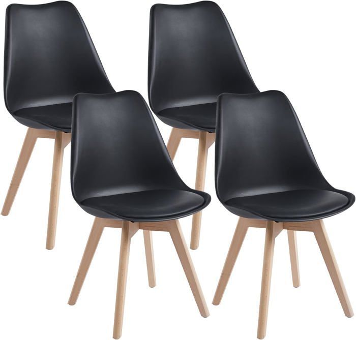 DEWINNER Catherina Dining Chairs, Retro Office Chair, Solid Beech Upholstered Seat (Black, Set of 4)