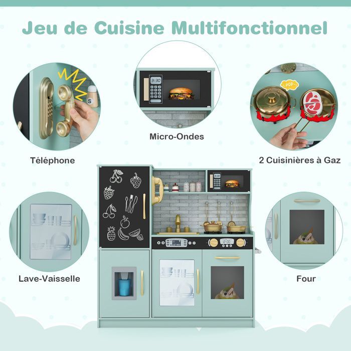 Cocina de juguete de madera COSTWAY para niños de 3 a 6 años con teléfono, pizarra, microondas, máquina de hielo y 7 accesorios - Verde